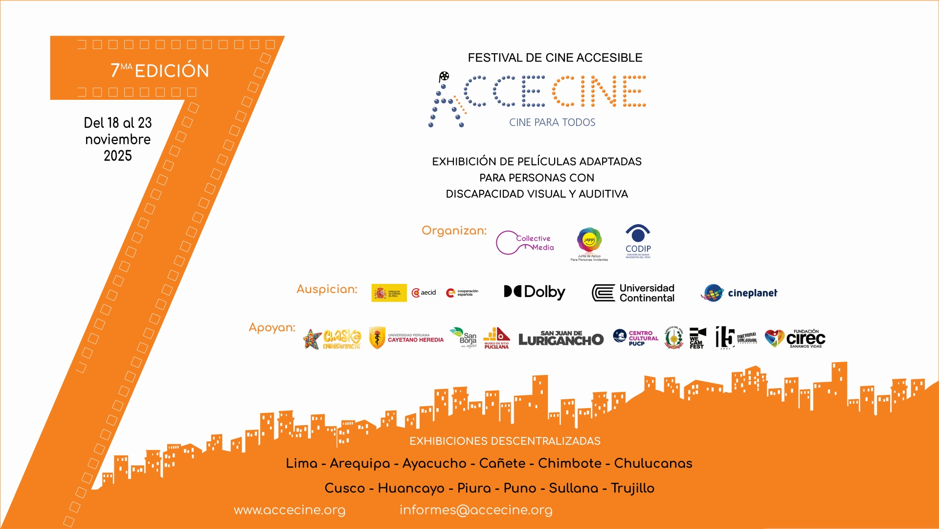 Poster de la séptima edición del Festival AcceCine, en la parte izquierda logotipo del festival y contenidos textuales, en la parte derecha logotipo del Ministerio de Cultura y cinta de cine en forma de torta.